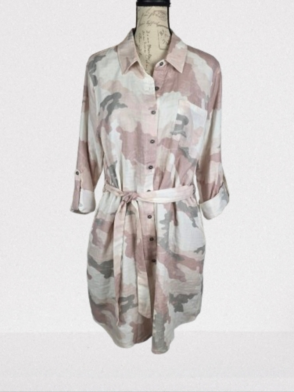 DownEast Pink Camo Button-Up Shirtdress Pink Grey Women's Large